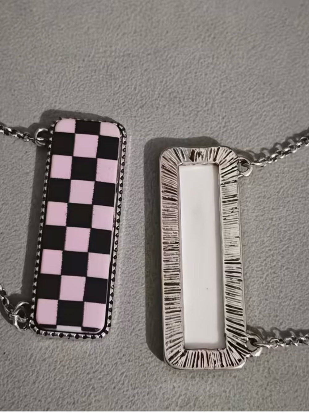 Checkerboard Rectangle Bar Pendant Necklace Silver Black Pink 17.7in Adjustable